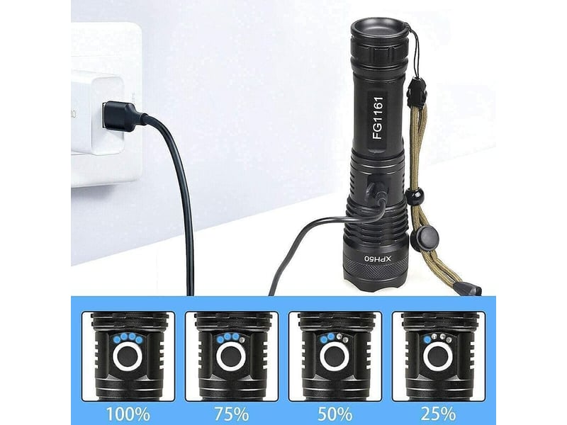 Lampe de poche led rechargeable usb -lumineuse de 5000 lumens, 5 modes, étanche, batterie 18650 incluse - Conforama C