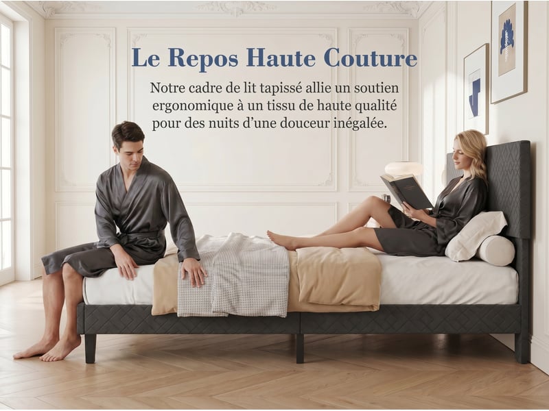  Lit 2 places 160 x 200 cm - tissu gris - tête de lit capitonnée et cadre rembourré  - Conforama E
