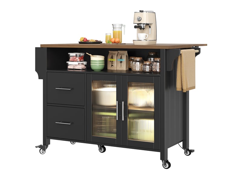  Îlot de cuisine noir avec plateau rabattable, portes en verre changhong, éclairage led intégré et porte-serviettes latéral  - Conforama A