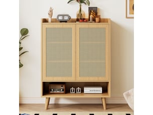 Meuble à chaussures en rotin naturel avec 2 portes et 5 étagères - capacité généreuse pour entrée