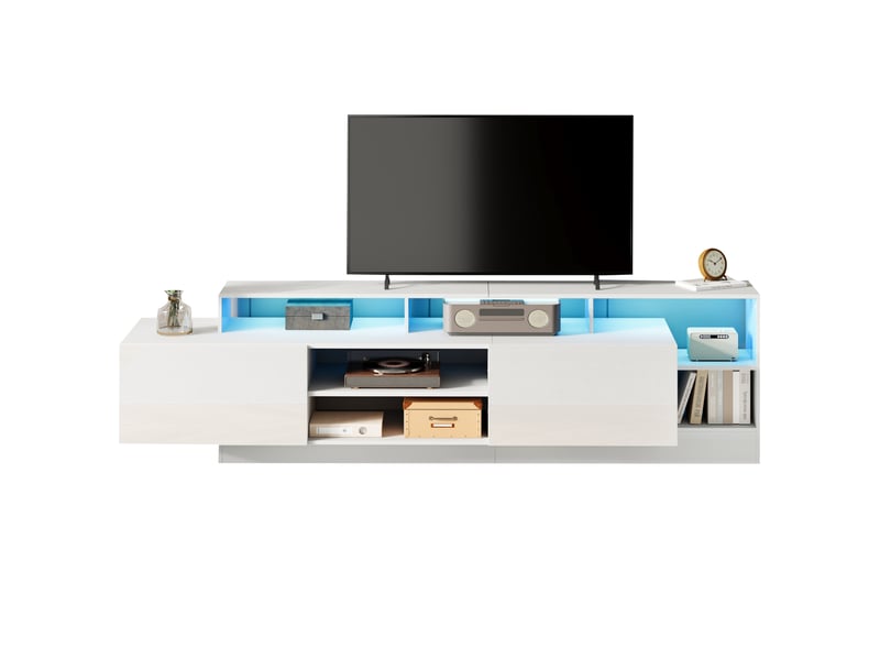  Meuble tv moderne 190x40x48,5 cm, pour écrans jusqu'à 70 pouces, éclairage led, rangements, panneau particules, blanc  - Conforama A