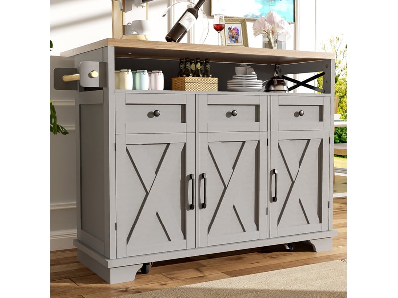  Desserte de cuisine 118x43-80x98 cm grise mdf et métal, plan rabattable, rangement et 5 roulettes  - Conforama B