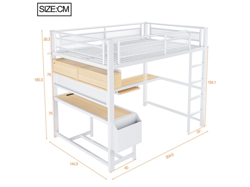  Lit mezzanine gaming 140x200 avec bureau, tablette clavier, éclairage led et station de recharge, blanc  - Conforama C