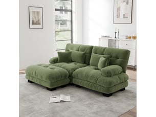 Canapé d'angle modulaire 2 places en chenille vert avec ottoman mobile