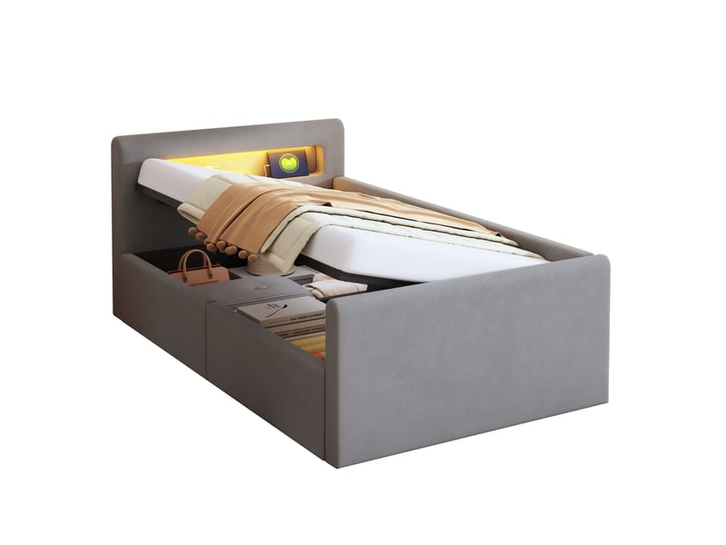  Lit coffre enfant 90x200 cm avec led et usb gris clair  - Conforama A