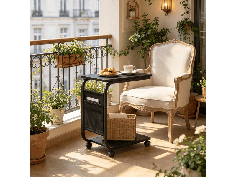  Table d'appoint pour canapé noire avec roulettes et poche latérale, 50 x 35 x 62 cm  - Conforama D