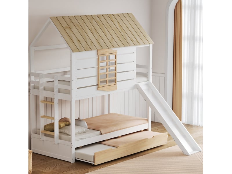  Lit adulte chambre couchage 90x200 avec tiroir maison toboggan blanc naturel homvra  - Conforama C