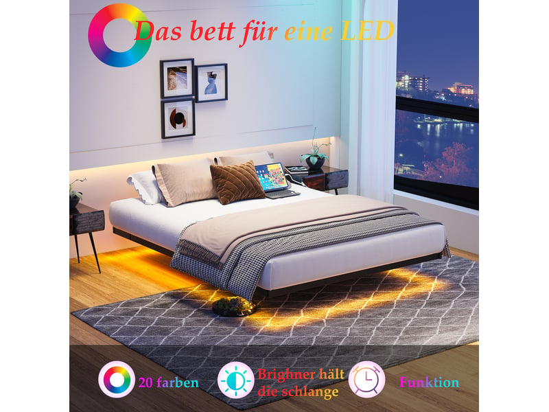  Lit 120x200 cm avec éclairage led et station de recharge, métal, noir sans matelas  - Conforama D