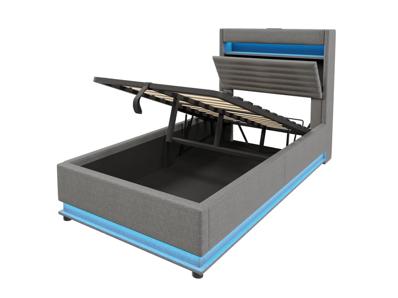 Lit rembourré gris 90x200 cm en lin, rangement hydraulique, led, usb-c - Conforama D
