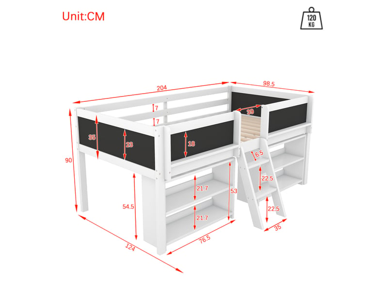 Lit mi-hauteur blanc 90x200 cm en pin, étagères, garde-corps et échelle  - Conforama C