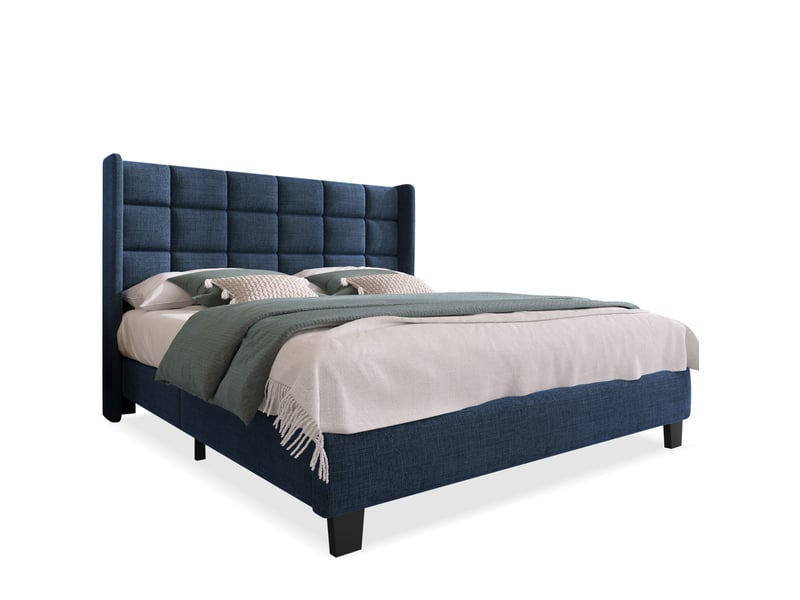 Lit double 140x200 cm bleu en lin avec tête de lit et sommier à lattes - Conforama A