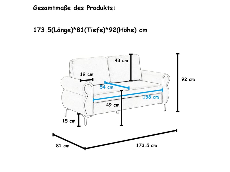  Canapé droit 2 places en tissu bleu 173,5 cm, assise souple et housses amovibles pour petit salon moderne  - Conforama C