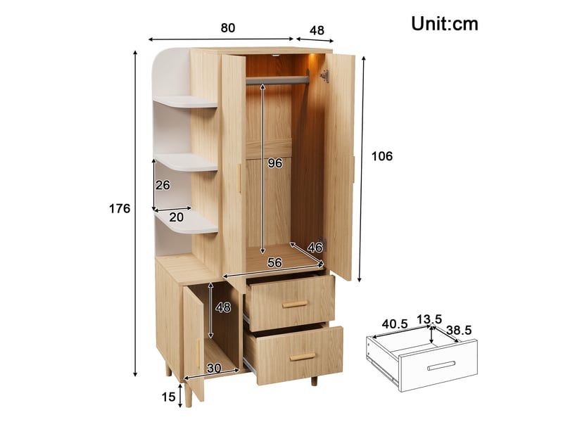 Armoire penderie 80x48x176 cm avec led à capteur, 2 tiroirs, étagères ouvertes et tringle en métal, garde-robe à fermeture douce, blanc et effet chêne OPULERANE TRADING LTD - Conforama C