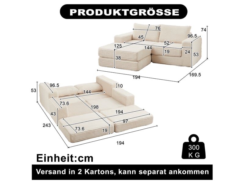 Canapé convertible ulevr 2 places modulable avec pouf amovible, velours côtelé beige, 194 x 169,5 x 74 cm - Conforama C