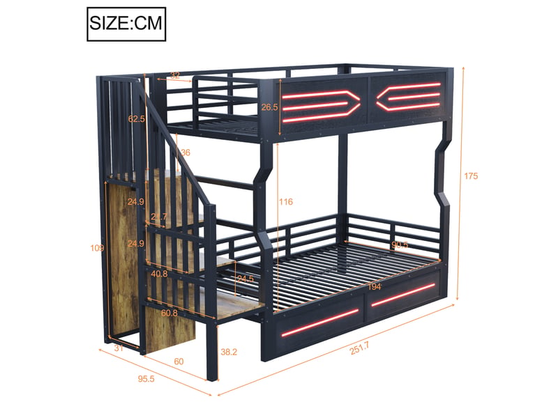  Lit mezzanine enfant 90x200 cm avec rangement intégré et escalier avec placards, lit surélevé led avec garde-corps haut pour adolescent, noir Seren Glow - Conforama C