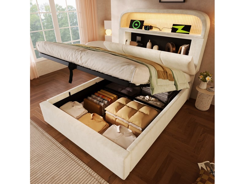  Lit coffre 1 place 90 x 200 cm beige avec matelas, led et station de charge  - Conforama D