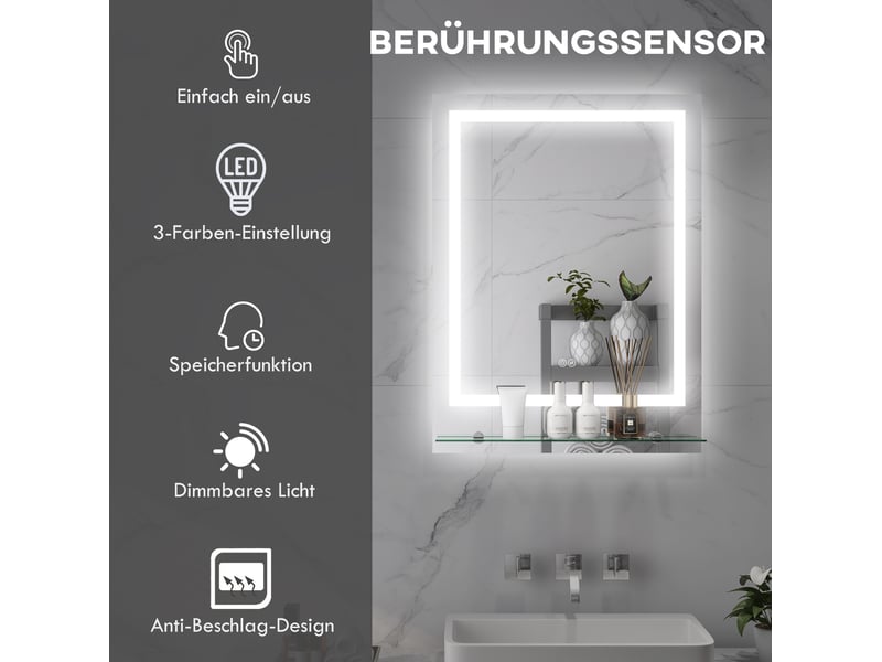  Miroir mural de salle de bains 70x50 cm avec éclairage led et tablette, transparent  - Conforama C