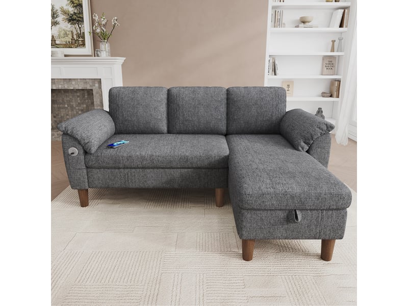 Canapé d’angle 3 places en l avec méridienne réversible et coffre de rangement, usbusb-c, poches latérales, chenille - gris clair - Conforama C
