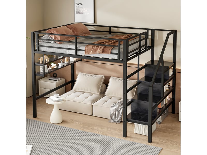  Lit surélevé enfant 140x200 cm avec rangements, escalier de rangement et barrières noir  - Conforama D