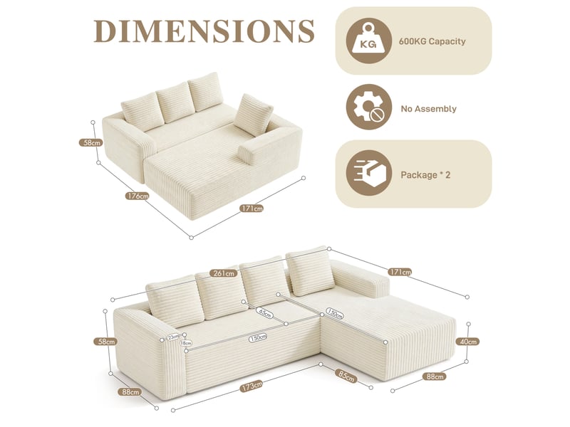  Canapé d’angle tcqpz modulable 4 places 261 x 171 cm avec méridienne à gauche velours côtelé beige  - Conforama C