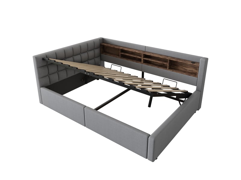  Lit de jour, canapé-lit, 140 x 200 cm, sans matelas, suspension hydraulique, avec bande led à intensité variable, étagère pratique et port usb, gris  - Conforama E