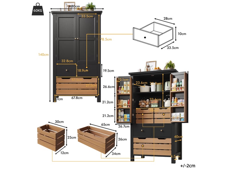  Buffet modenvie noir 80 x 40 x 140 cm avec 2 portes et 5 tiroirs en mdf et métal  - Conforama C