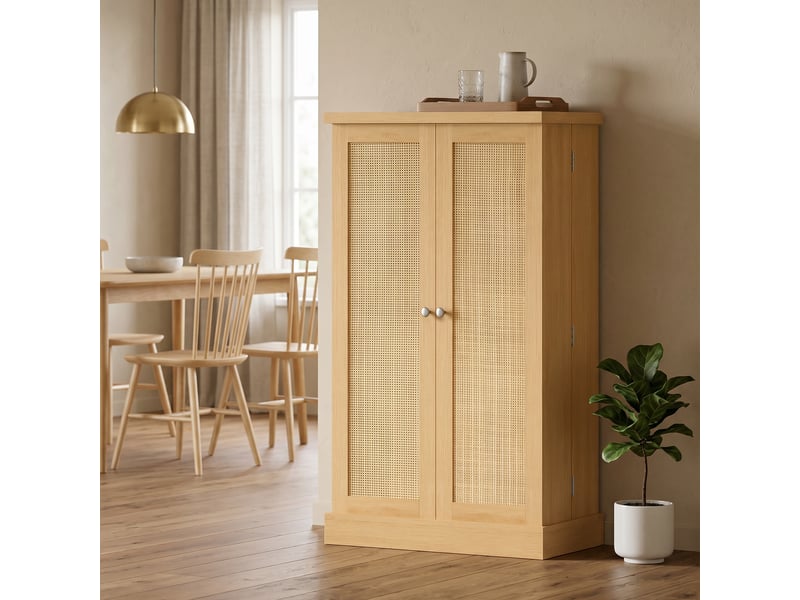  Meuble de cuisine en rotin de 104 cm avec étagère à 5 niveaux, 12 compartiments à épices et étagères réglables, naturel  - Conforama D