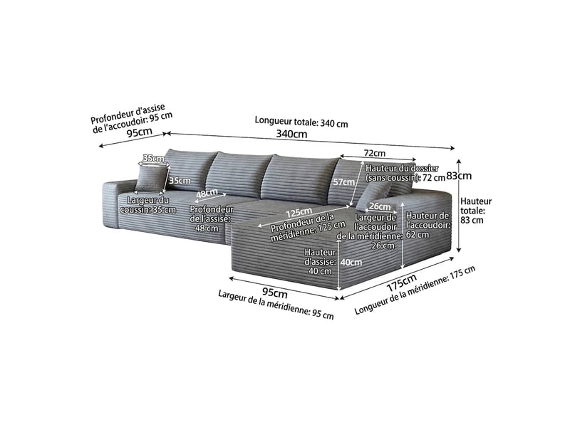  Canapé d'angle modulaire gris sans montage 340 cm 4 places avec méridienne en velours côtelé  - Conforama C