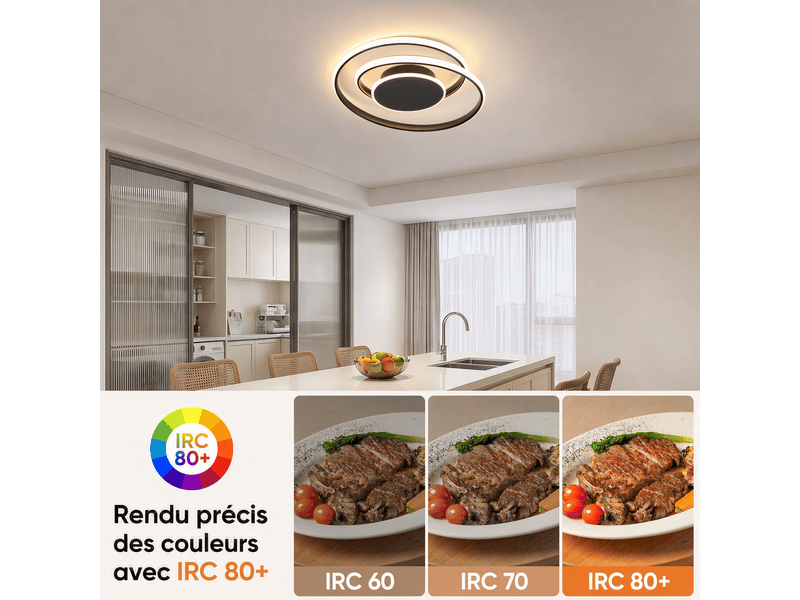 Plafonnier led spiralé à éclairage latéral, d40 x h7,5 cm, lampe de plafond 44 w 3842 lm, noir sable, 3000 k blanc chaud, salon, chambre, cuisine - Conforama D