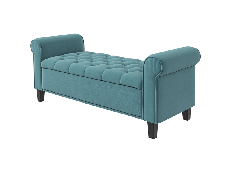  Banc de rangement bout de lit avec accoudoirs, tissu velours rembourré et capitonné, 126 x 48,5 x 57 cm, vert  - Conforama B