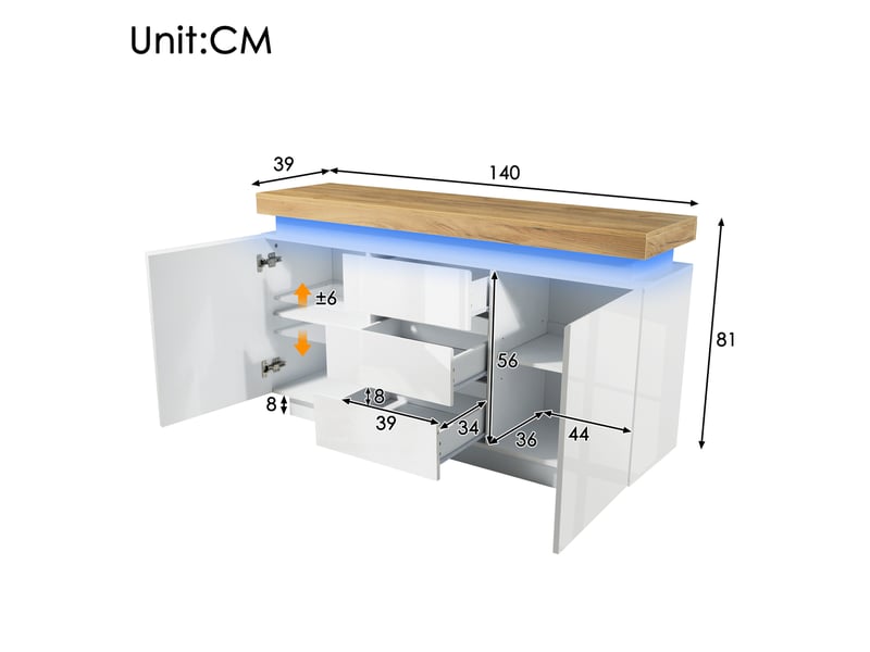  Buffet bas 140x39x81 cm avec 2 portes et 3 tiroirs, éclairage led, panneau de particules mdf blanc  - Conforama E