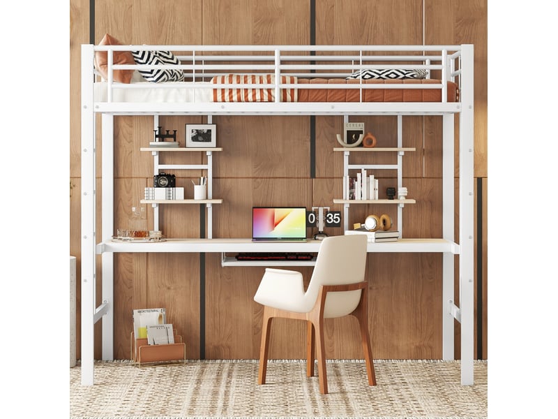 Lit mezzanine 90x200 cm, bureau 194x40 cm, 2 bibliothèques, garde-corps, métal et mdf, blanc, sans matelas - Conforama E