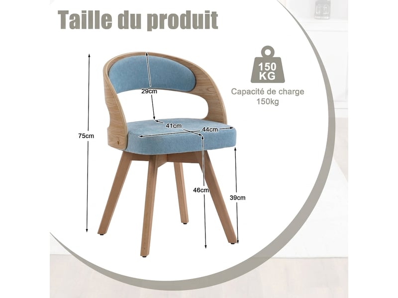  Lot de 2 chaises de salle à manger pivotante en lin bleu, pieds en bois massif, 41x44x72cm  - Conforama C