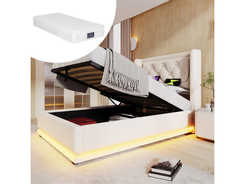  Lit coffre 90x200 - lit simple rembourré avec fonction usb type-c et led - coton - matelas inclus - beige  - Conforama B