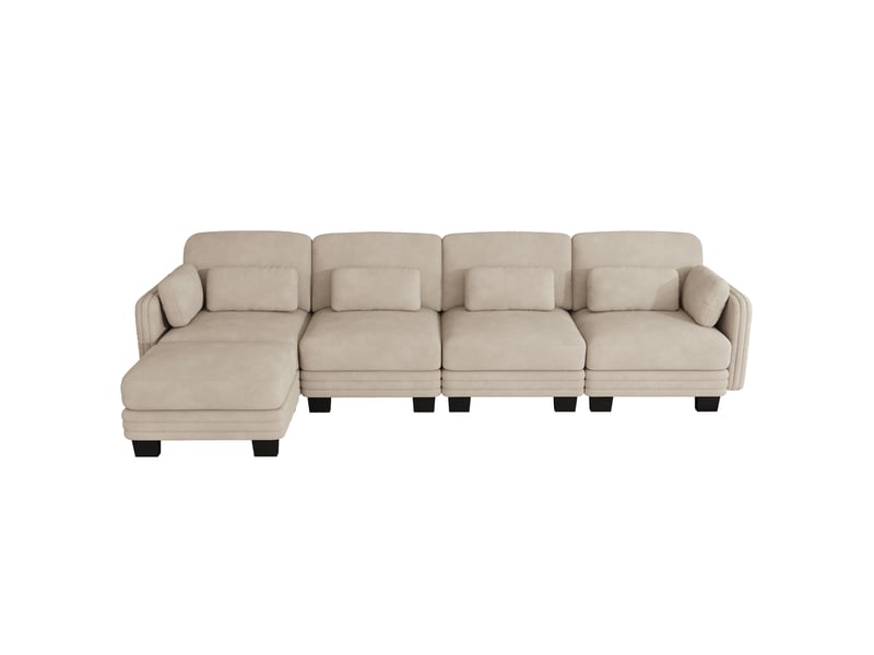  Canapé d’angle modulaire 4 places 330x143x88 cm, avec 1 pouf, coussins lombaires et accoudoir, chenille café clair  - Conforama A