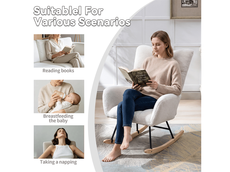 Fauteuil à bascule en tissu teddy avec poche, base en bois massif, blanc - Conforama E