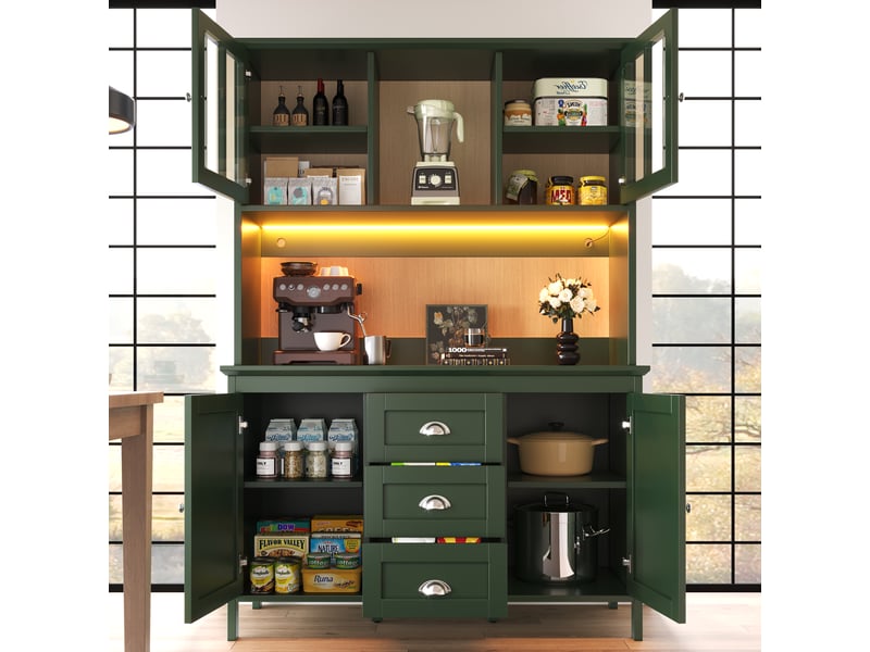  Armoire de cuisine verte buffet haut 120 cm avec portes en verre marron et éclairage led  - Conforama B