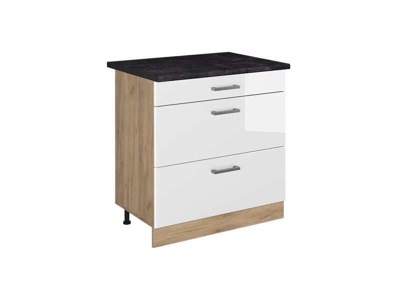  Vicco meuble cuisine, blanc haute brillancechêne doré, 80cm avec 3 tiroirs plan de travail anthracite  - Conforama A