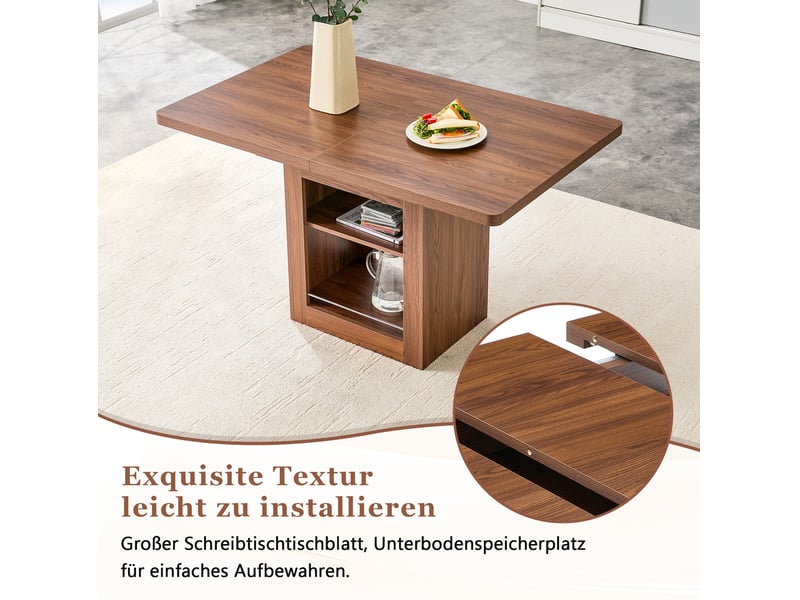 Table à manger extensible effet noyer avec étagère, table de cuisine gain de place pour 4 à 8 personnes - Conforama D