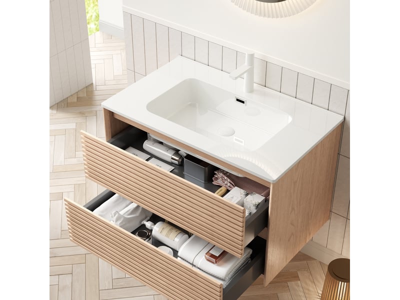  Meuble sous vasque suspendu avec 2 tiroirs à fermeture amortie et vasque blanche en céramique 81 × 46,5 × 51,5 cm  - Conforama E