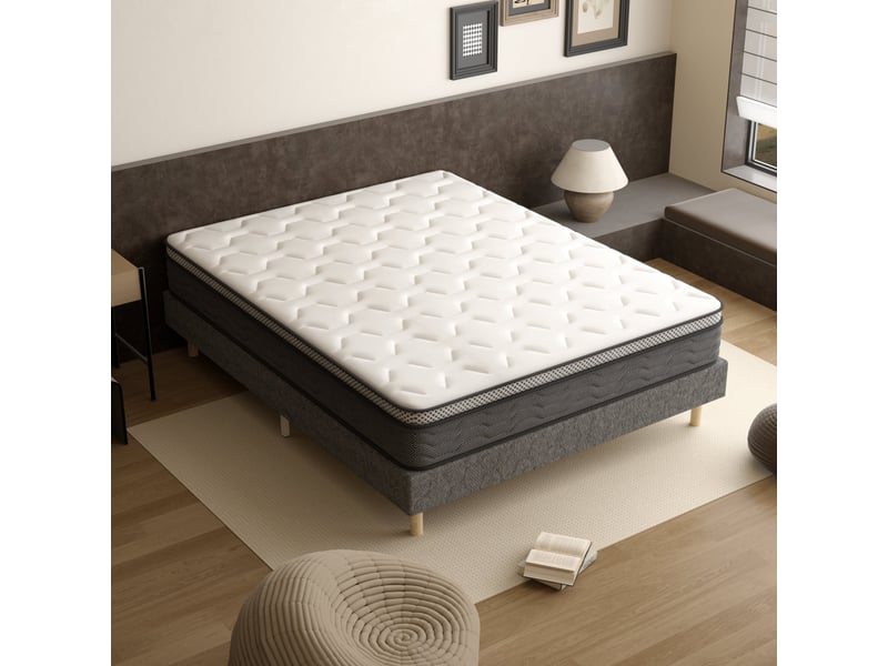  Sommier tapissé gris 160x200 + matelas ressorts ensachés 25 cm, 9 pieds fournis  - Conforama E