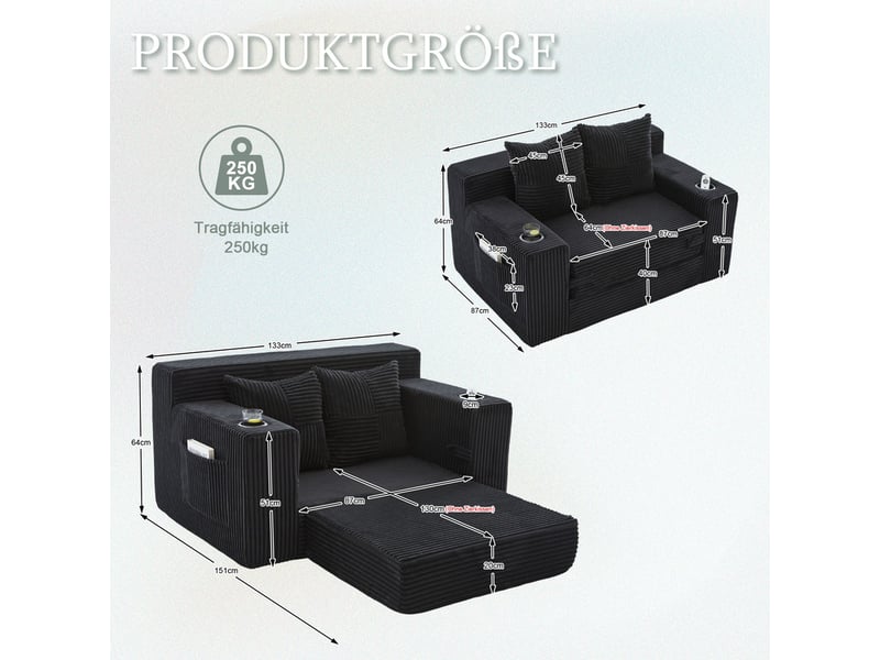  Canapé droit convertible 2 places, en velours côtelé, 2 coussins, porte-gobelet et poches latérales, 151 × 133 × 64 cm, noir YXY-0915-3 - Conforama C