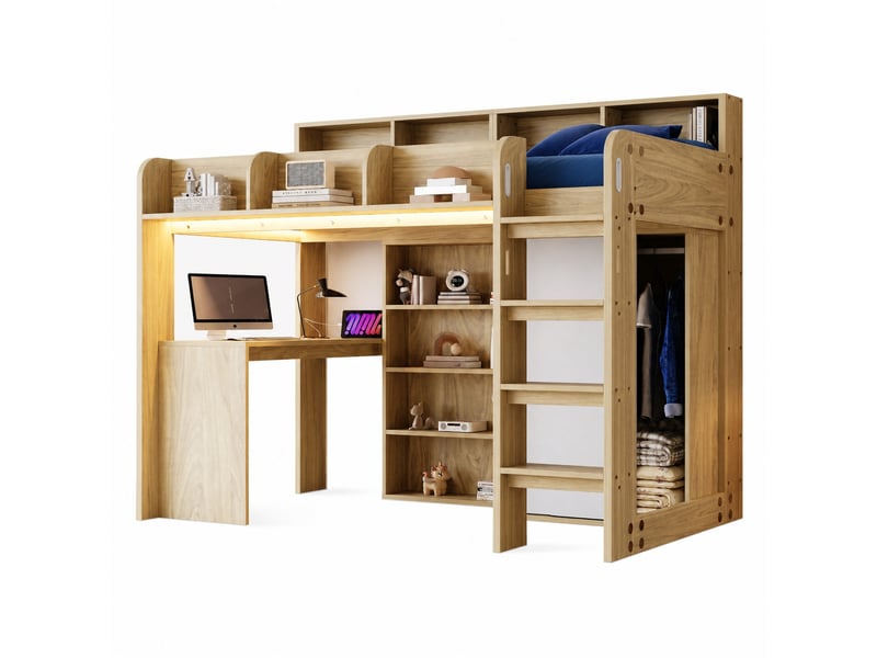  Lit mezzanine 90 x 200 cm avec bureau, armoire, rangements, led et prise, bois  - Conforama A
