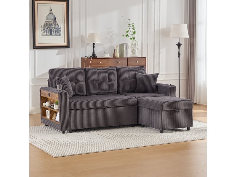  Canapé 3 places 196x82–144x85cm coussins douillets lumières led prise usb‑c intégrée velours côtelé gris foncé  - Conforama E