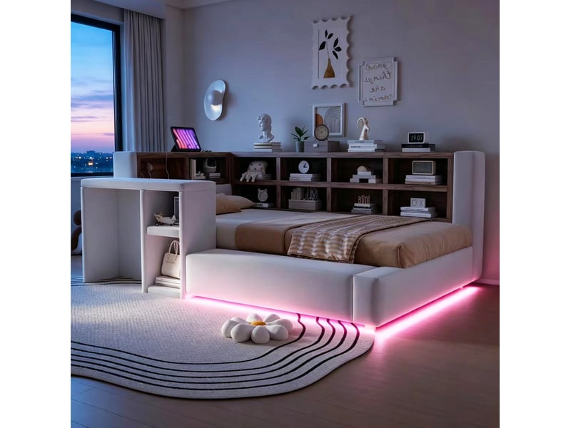  Lit, 90x200 cm, espace nuit, doté de solutions de rangement à plusieurs niveaux, led, matelas non inclus, coloris beige  - Conforama D