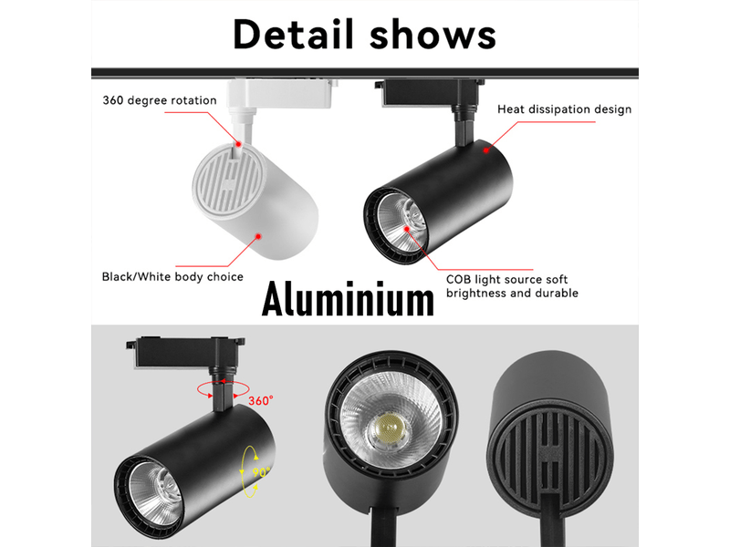  Lot de 6 spots compacts sur rail led 20 w – boîtier noir, blanc chaud ASLED-447 - Conforama E