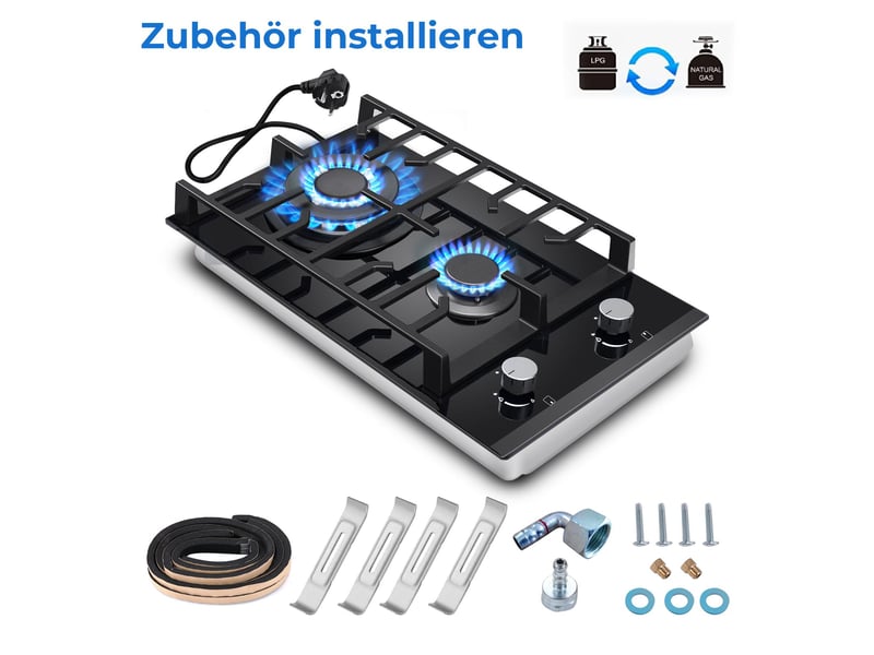  Plaque de cuisson gaz 2 feux, plaque gaz encastrable 30 cm en verre trempé noir, brûleur wok, 5200 w, gaz naturel ou propane  - Conforama B