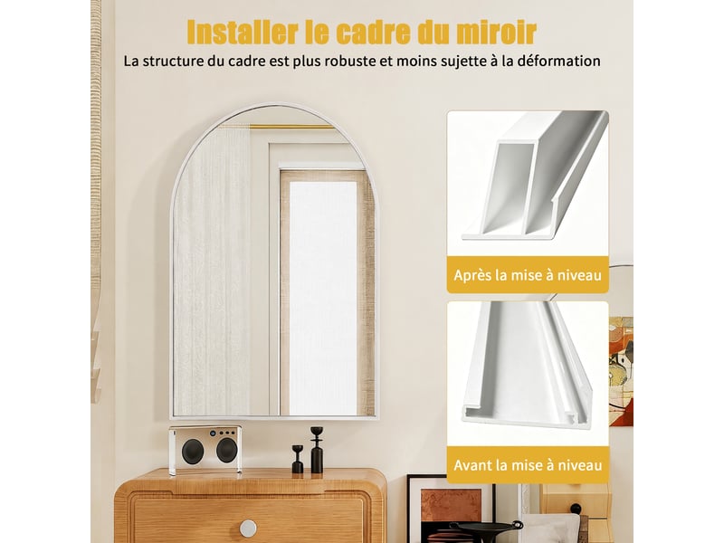  Miroir mural arqué 91x61cm - miroir salle de bain en verre trempé incassable avec cadre aluminium - blanc  - Conforama D
