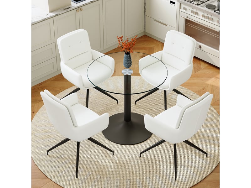  Ensemble repas élégant, table ronde en verre trempé base noire + 4 chaises pu blanches pivotantes 360°  - Conforama E