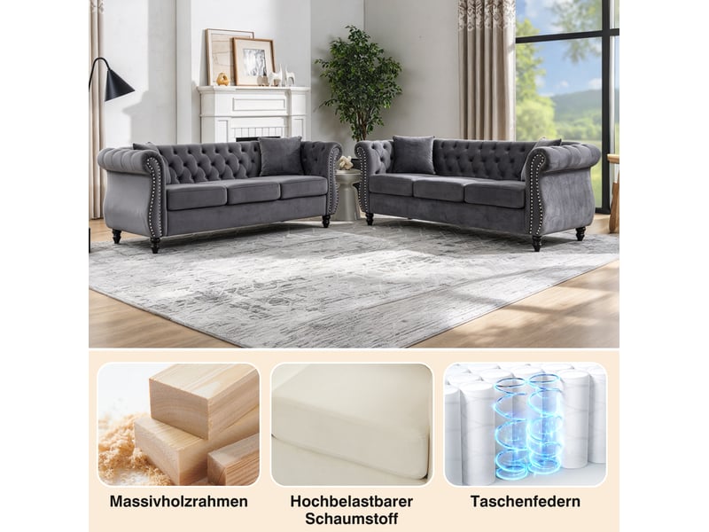  Canapé droit 6 places style chesterfield avec accoudoirs arrondis, capitonnage et clous décoratifs en velours gris  - Conforama D